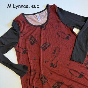 Medium Lularoe Lynnae long-sleeved top, red with cassette players and headphones